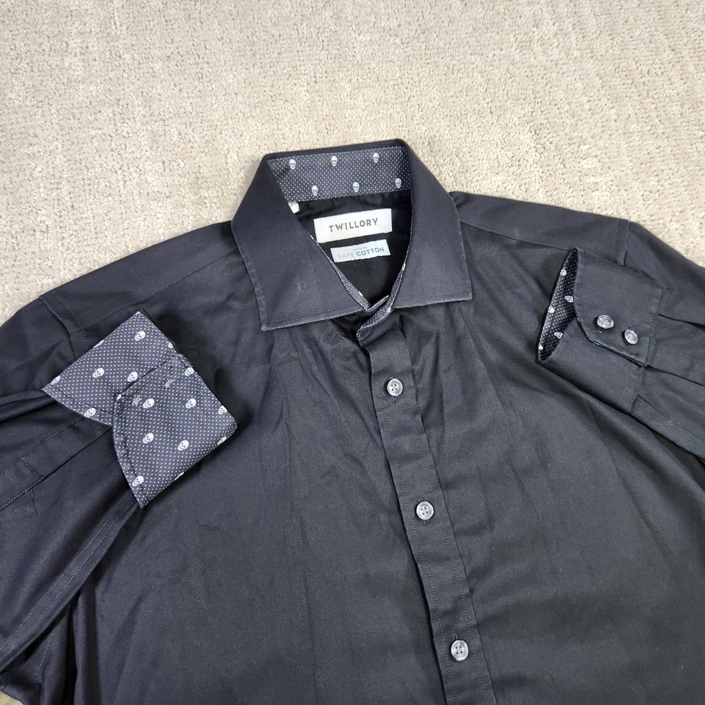 Twillory Shirt Men 15 Trim Fit Black Skull Flip Cuff Non Iron Stretch Button Up